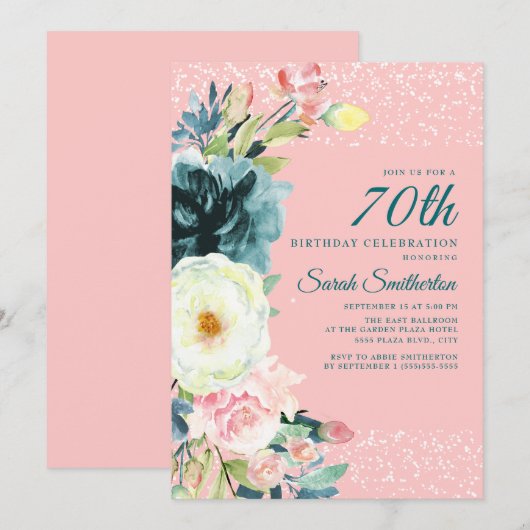 Roze Teal Crème Bloemige 70e Verjaardag Kaart (Voorkant / Achterkant)