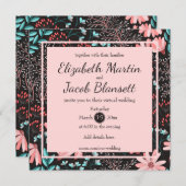 Roze & Teal Donker Bloemmotief Virtuele Bruiloft Kaart (Voorkant / Achterkant)