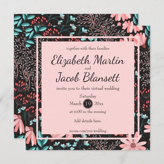 Roze & Teal Donker Bloemmotief Virtuele Bruiloft Kaart (Voorkant / Achterkant)