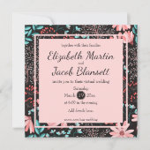 Roze & Teal Donker Bloemmotief Virtuele Bruiloft Kaart (Voorkant)