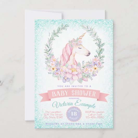 Roze Teal Eenhoorn Babyshower Uitnodigingen (Voorkant)