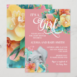 Roze Teal Gele Bloemige Olifant Baby Meisje Shower Kaart