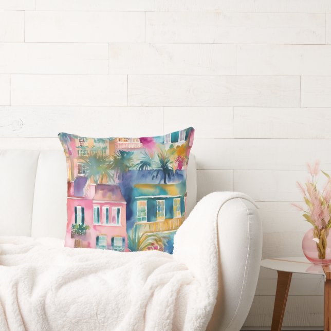 Roze Teal Gele Waterverf Huizen Palmbomen Kussen (Bank)