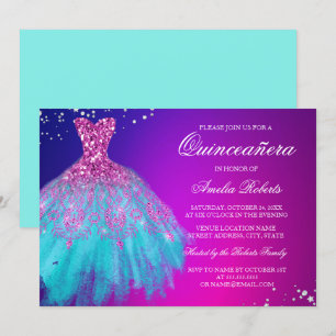 Roze Teal Glitter Jurk Quinceanera Uitnodiging