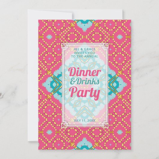 Roze Teal Goud Boho Chic Diner Dranken Feest Kaart (Voorkant)