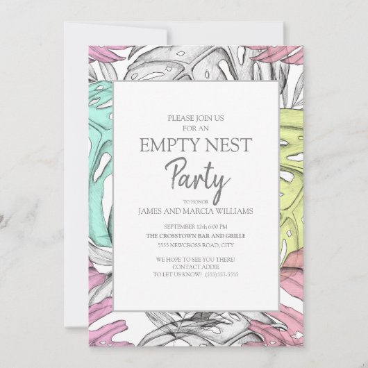 Roze Teal Grijs Tropisch Blad Empty Nest Feest Kaart (Voorkant)