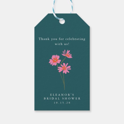 Roze Teal Groene Bloemen Boho Aangepaste Bruilofts Cadeaulabel (Voorkant)