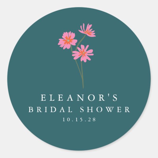 Roze Teal Groene Bloemen Boho Aangepaste Bruilofts Ronde Sticker (Voorkant)