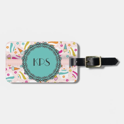 Roze Teal Ijs Cupcake Monogram Bagage Label (Voorkant horizontaal)