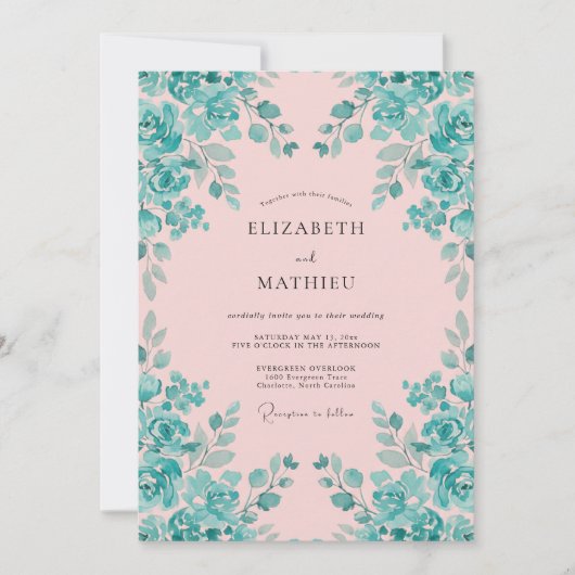Roze Teal Levendig Waterverf Bruiloft Kaart (Voorkant)