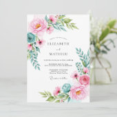 Roze Teal Levendig Waterverf Bruiloft Kaart (Staand voorkant)