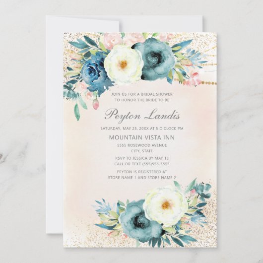 Roze Teal Witte Bloem Glitter Bruiloft Feest Kaart (Voorkant)