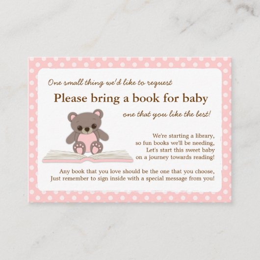 Roze Teddy Baby shower Boek Insert Verzoek Kaart (Voorkant)