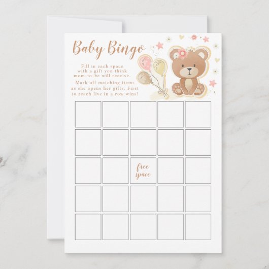 Roze Teddy Bear Baby shower Bingo Game Kaart (Voorkant)