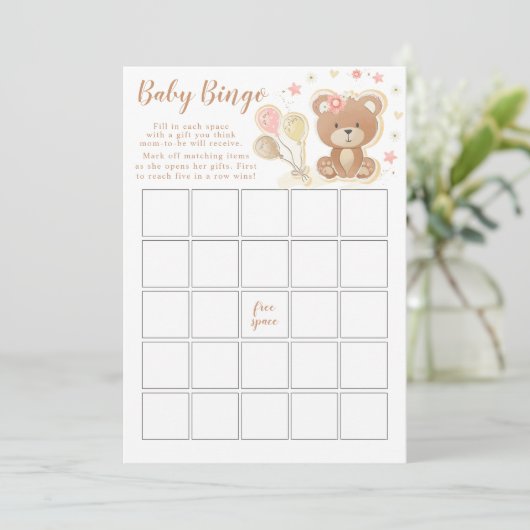 Roze Teddy Bear Baby shower Bingo Game Kaart (Staand voorkant)