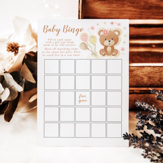 Roze Teddy Bear Baby shower Bingo Game Kaart