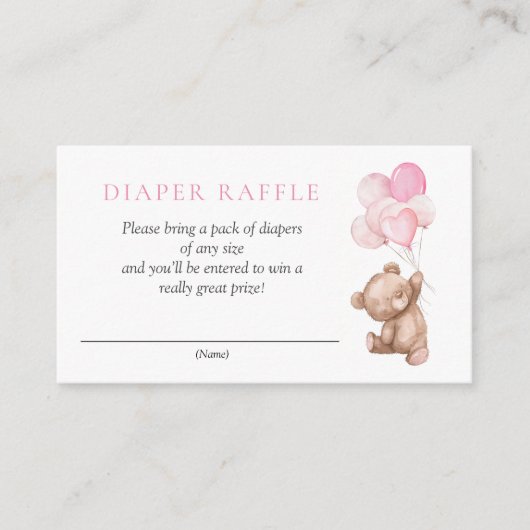Roze Teddy Bear Baby shower Diaper Raffle Informatiekaartje (Voorkant)