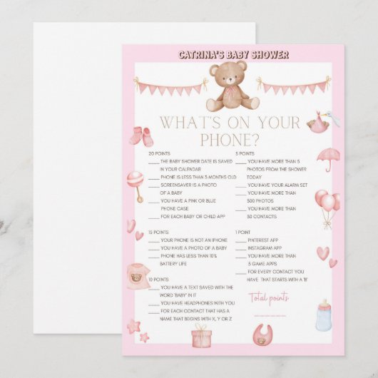 Roze Teddy Bear Baby shower - Editable Name, 5x7 Kaart (Voorkant / Achterkant)