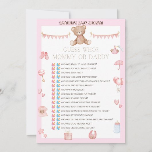 Roze Teddy Bear Baby shower - Editable Name, 5x7 Kaart (Voorkant)