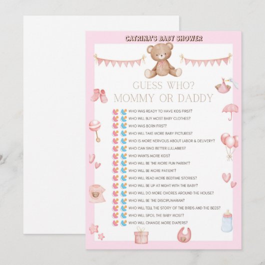 Roze Teddy Bear Baby shower - Editable Name, 5x7 Kaart (Voorkant / Achterkant)