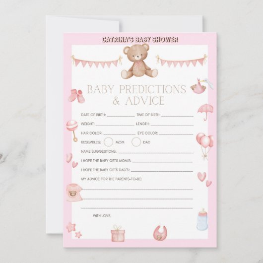 Roze Teddy Bear Baby shower - Editable Name, 5x7 Kaart (Voorkant)
