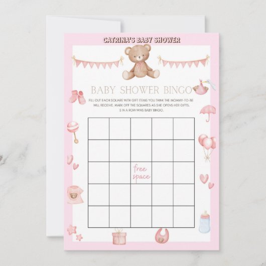 Roze Teddy Bear Baby shower - Editable Name, 5x7 Kaart (Voorkant)