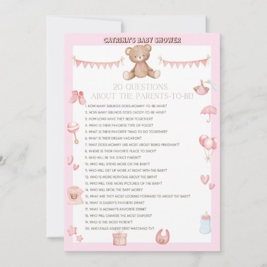 Roze Teddy Bear Baby shower - Editable Name, 5x7 Kaart (Voorkant)