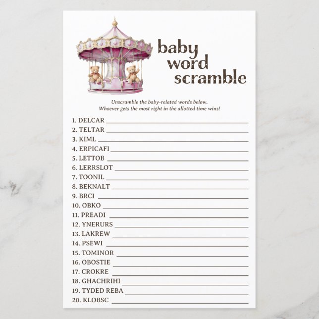 Roze Teddy Bear Baby shower Word Scramble Game (Voorkant)