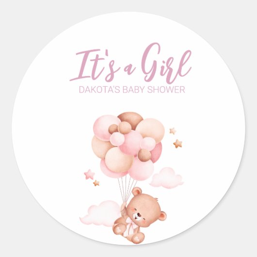 Roze Teddy Bear Balloon Baby shower Ronde Sticker (Voorkant)