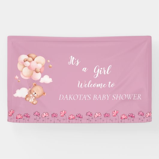 Roze Teddy Bear Balloon Baby shower Spandoek (Horizontaal)