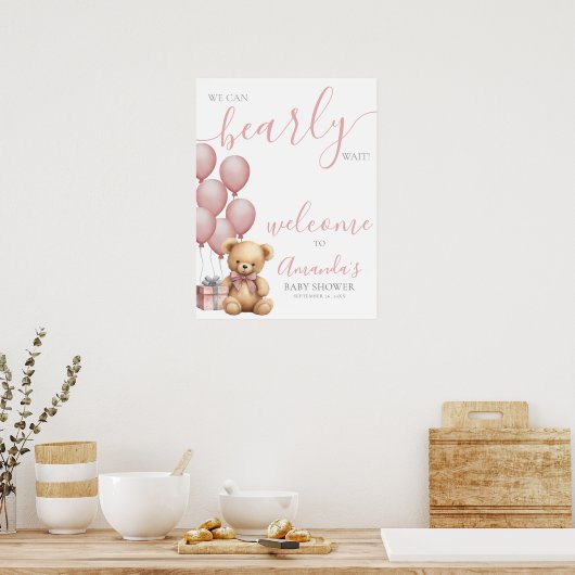Roze Teddy Bear Balloon Baby shower Welkom Poster (Keuken)