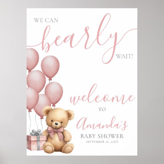 Roze Teddy Bear Balloon Baby shower Welkom Poster (Voorkant)