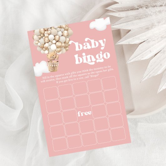 Roze Teddy Bear Balloons Baby shower Spel BINGO Flyer