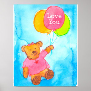Roze Teddy Bear Balloons houden van je Poster