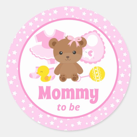 Roze Teddy Bear Clothes Baby shower Mammie Ronde Sticker (Voorkant)
