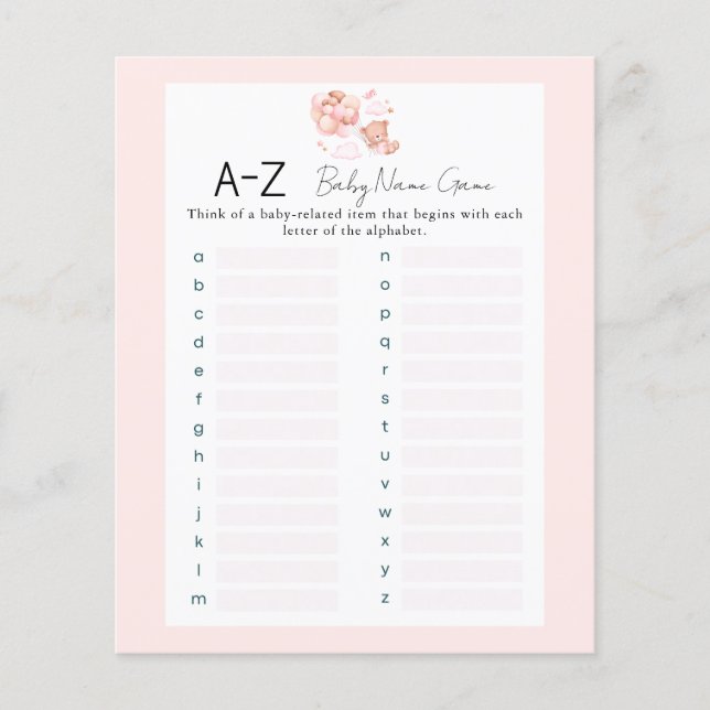 Roze Teddy Bear Een Baby Naam Douche Spel (Voorkant)