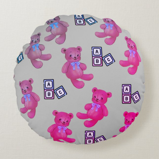 Roze Teddy Bear en ABC Sierkussen Rond Kussen (Voorkant)