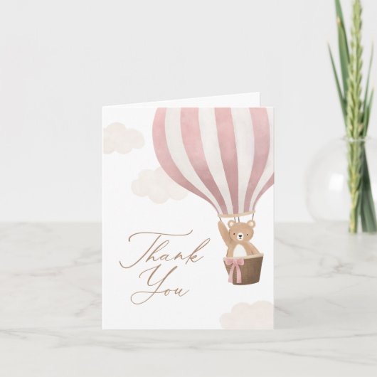Roze Teddy Bear Hot Air Ballon Baby shower Bedankkaart (Voorkant)