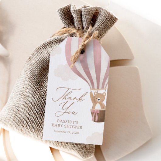 Roze Teddy Bear Hot Air Ballon Baby shower Cadeaulabel