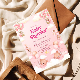 Roze Teddy Bear Hot Air Ballon Baby shower Kaart