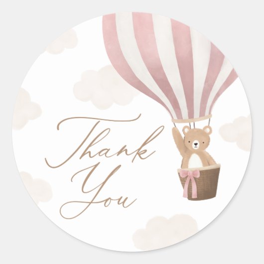 Roze Teddy Bear Hot Air Ballon Baby shower Ronde Sticker (Voorkant)