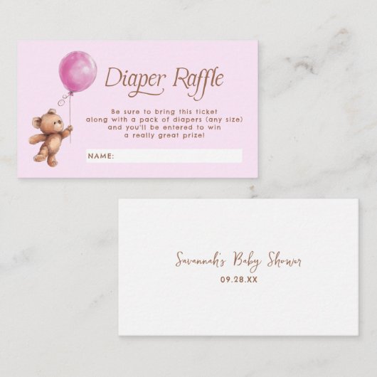 Roze Teddy Bear Luier Raffle Ticket Informatiekaartje (Voorkant / Achterkant)