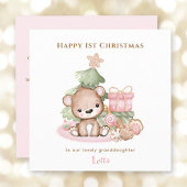 Roze Teddy Bear Meisje Eerste Kerstmis Kaart
