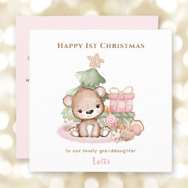 Roze Teddy Bear Meisje Eerste Kerstmis Kaart