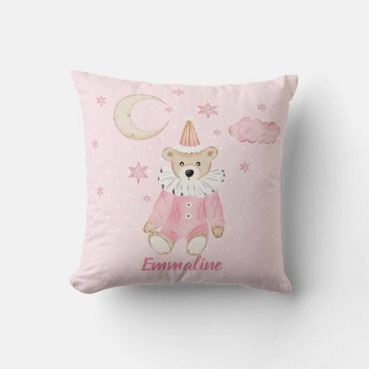 Roze Teddy Bear, Moon en Stars - Pony op achterzij Kussen (Voorkant)