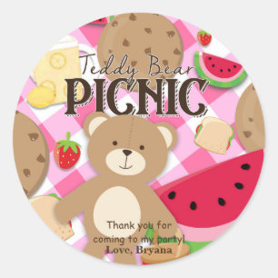 Roze Teddy Bear Picknick Verjaardagsfeestje Favor Ronde Sticker