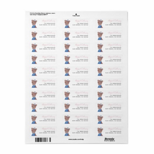 Roze Teddy Bear Return Address Label (Full Sheet)