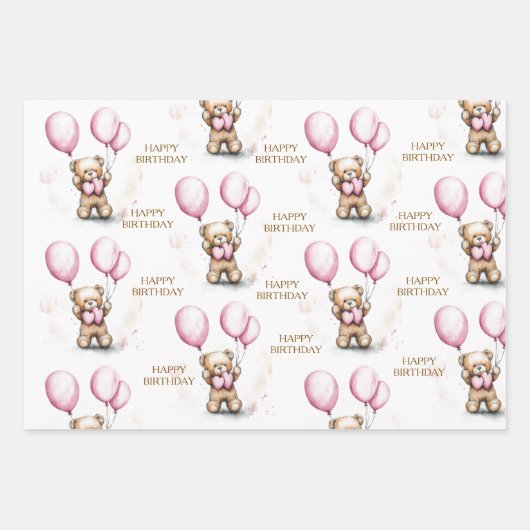 Roze Teddy Bear Wrapping Paper (Voorkant)