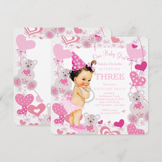 Roze Teddy Bears Hearts Girls 3e verjaardag Kaart (Voorkant / Achterkant)