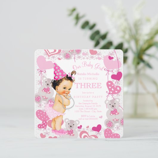 Roze Teddy Bears Hearts Girls 3e verjaardag Kaart (Staand voorkant)